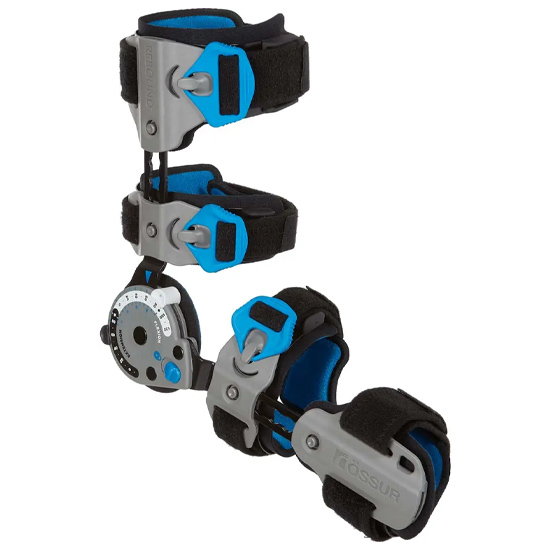 Rebound® Post-Op Elbow knee braces with blue and black straps, available in New York and New Jersey